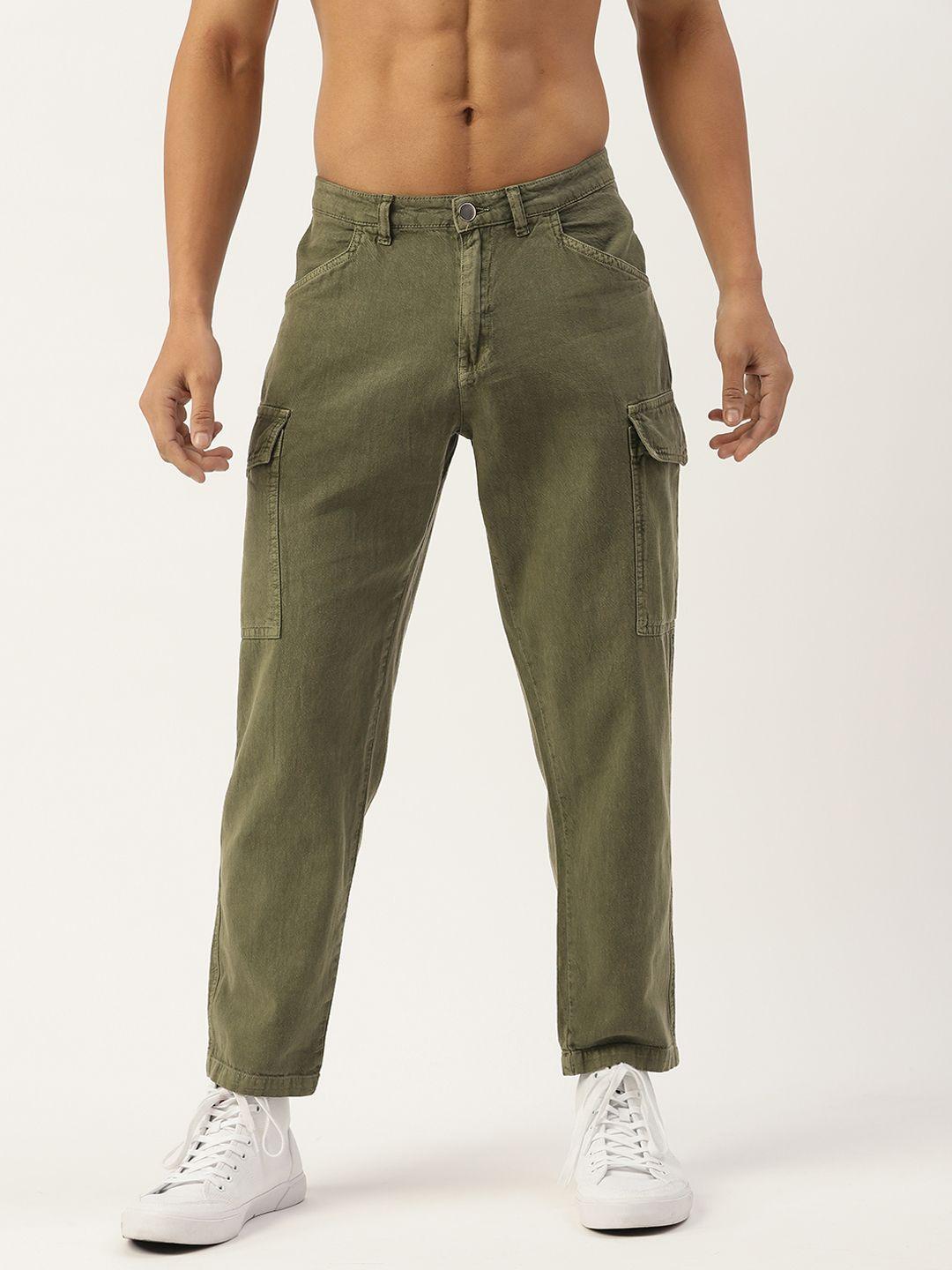 kook n keech men olive green solid cotton cropped cargos