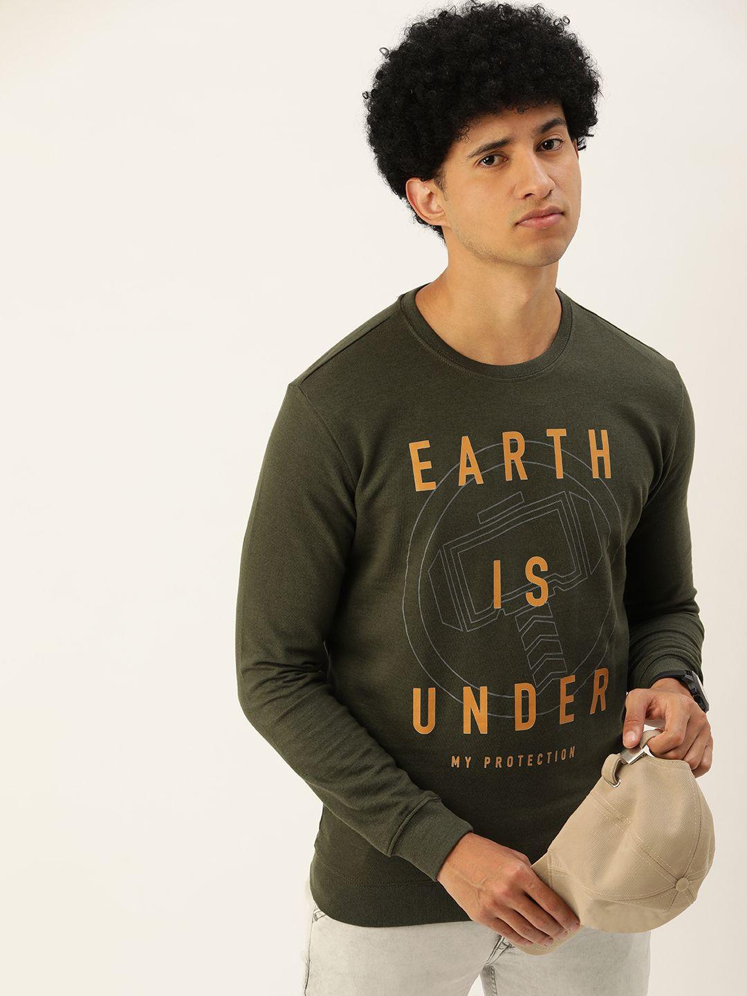 kook n keech men olive green typography printed sweatshirt