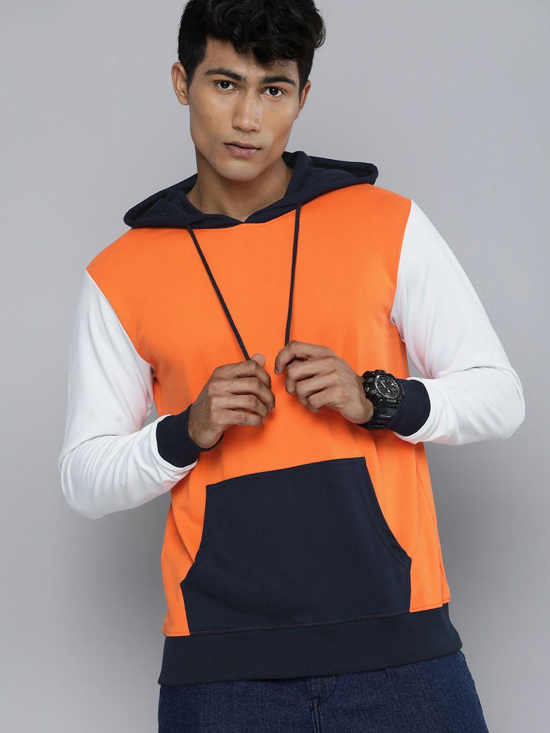 kook n keech men orange & navy blue colourblocked hooded sweatshirt