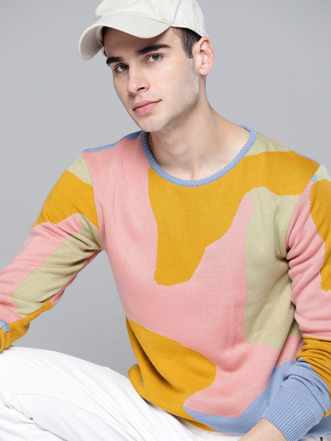 kook n keech men pink & mustard yellow printed pullover