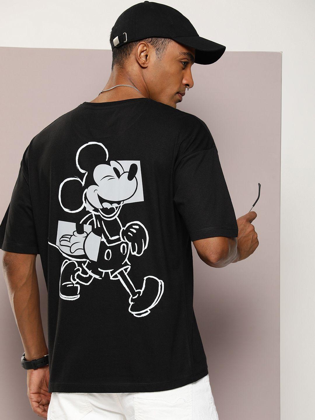 kook n keech men reflective mickey mouse character print drop-shoulder oversized t-shirt