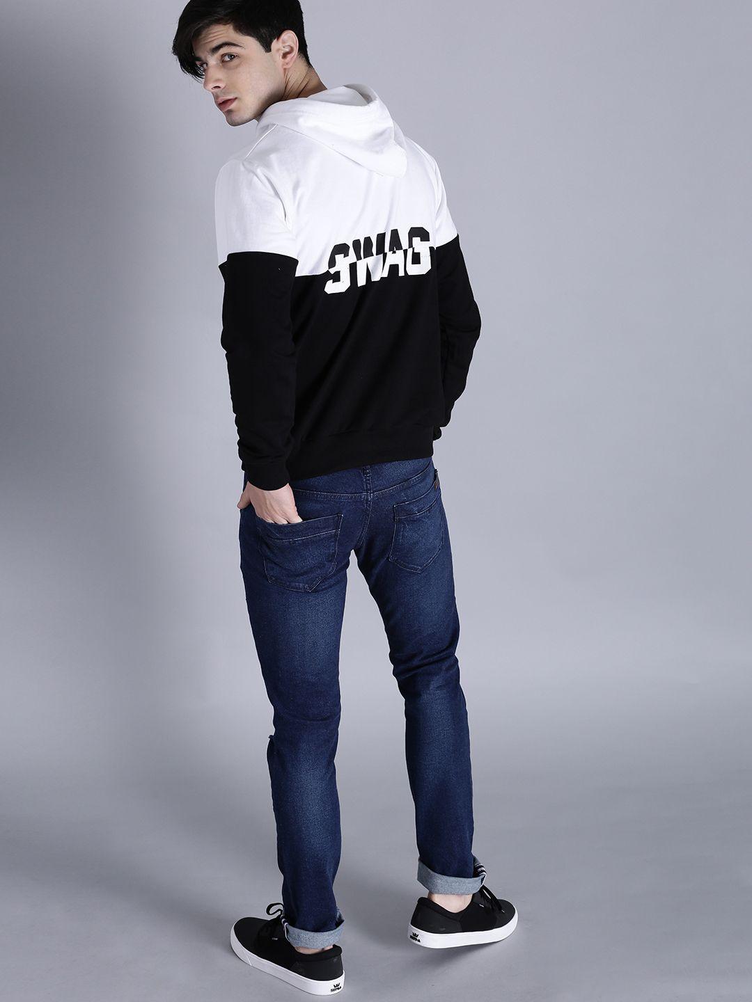 kook n keech men white & black colourblocked hooded sweatshirt