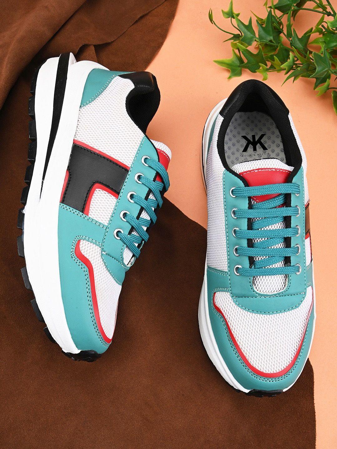 kook n keech men white & sea green colourblocked mesh lightweight athletic insole sneakers