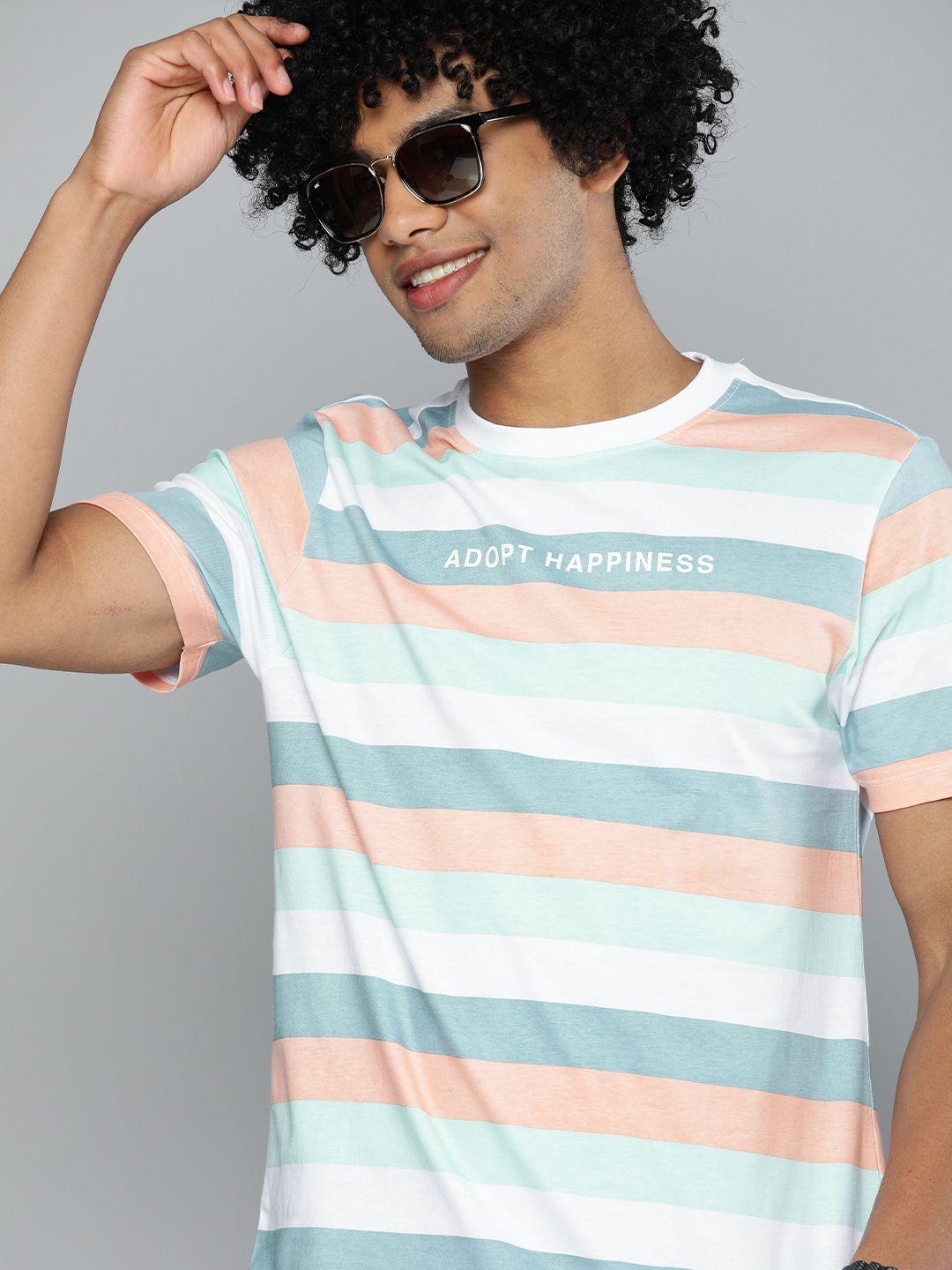 kook n keech men white  teal blue striped round neck pure cotton relaxed t-shirt