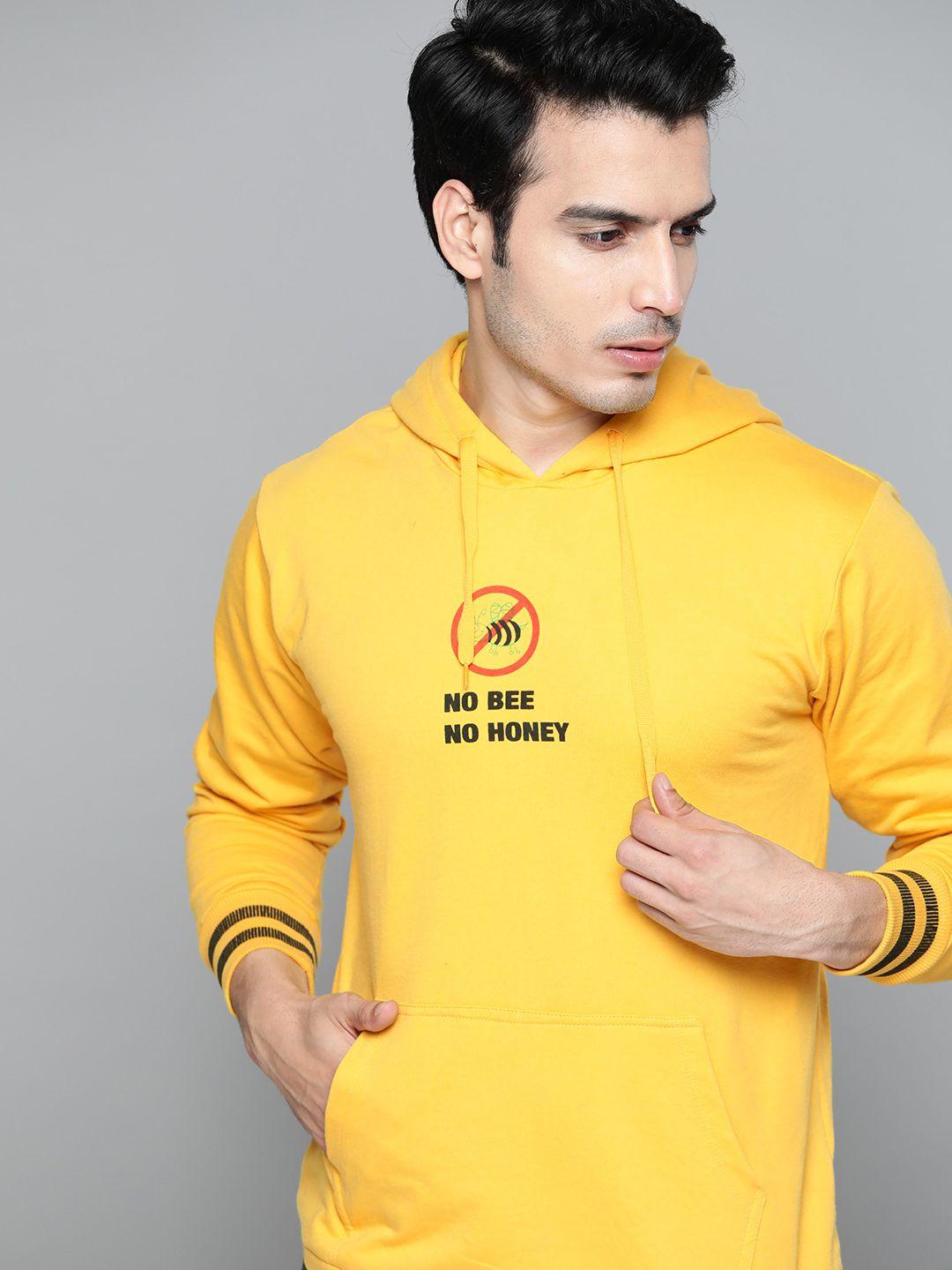 kook n keech men yellow & black printed hooded sweatshirt