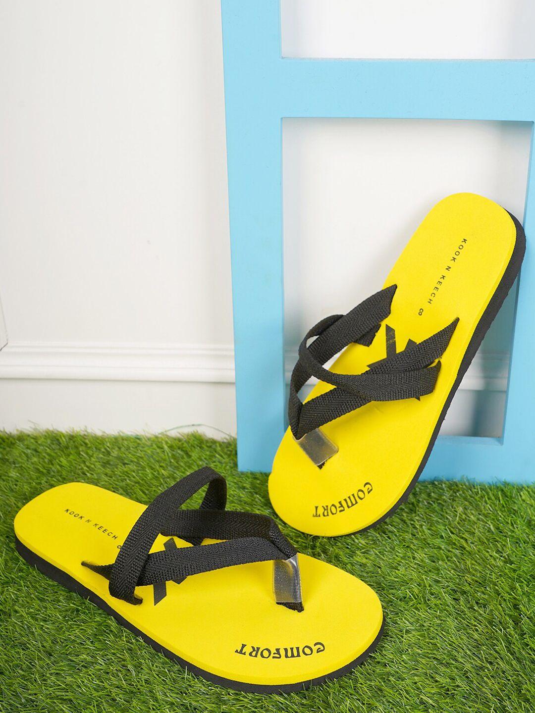 kook n keech men yellow & black printed thong flip-flops