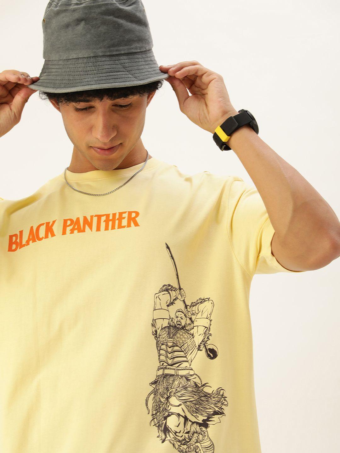 kook n keech men yellow & black pure cotton marvel black panther printed oversized fit t-shirt