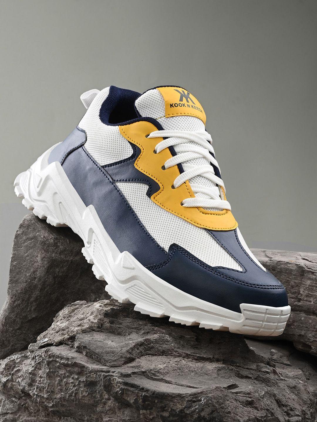 kook n keech men yellow and navy blue colourblocked lightweight sneakers