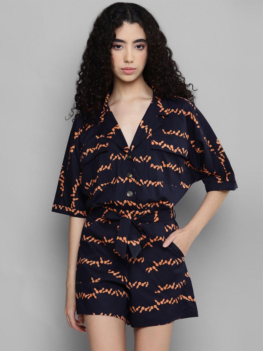 kook n keech navy blue & coral conversational printed jumpsuit