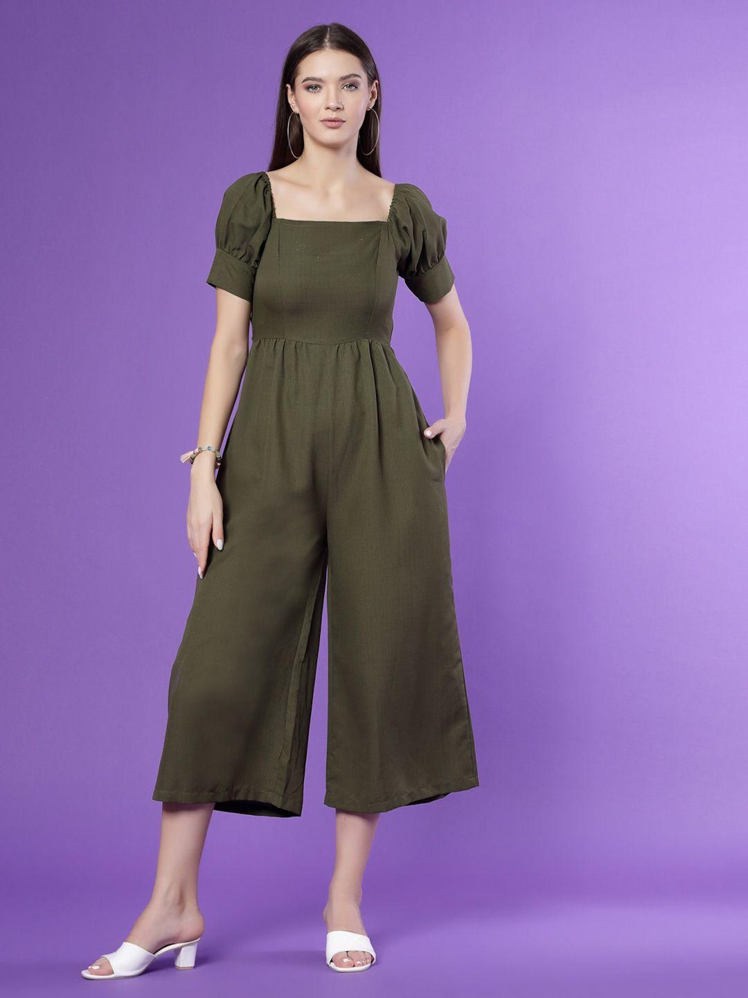 kook n keech olive green square neck puffed sleeves basic jumpsuit