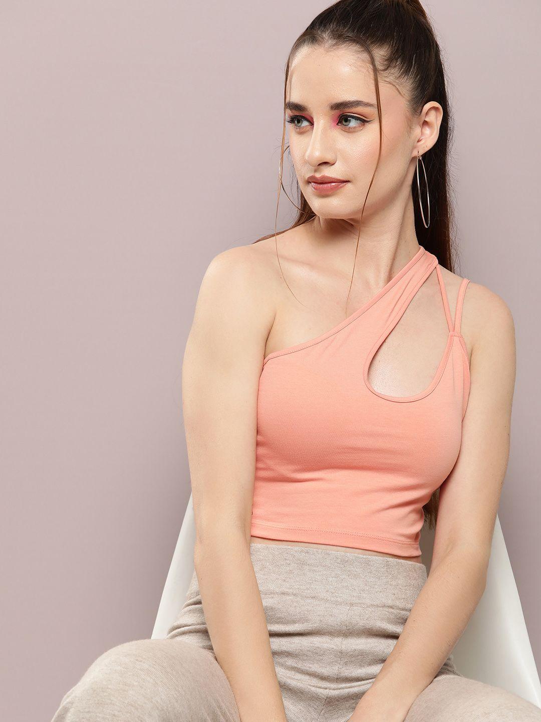 kook n keech one shoulder cut-out fitted crop top