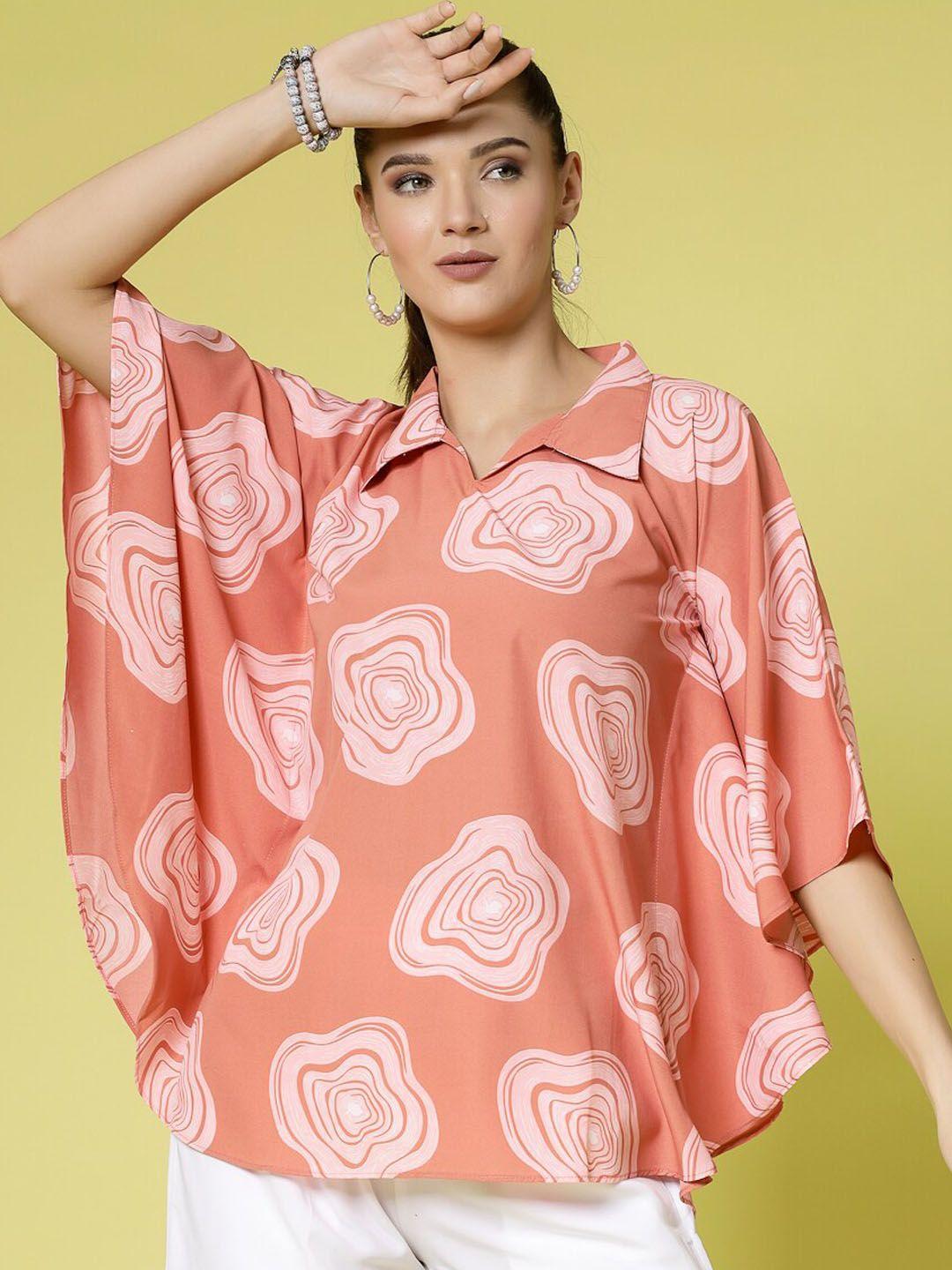 kook n keech peach printed collar-neck kaftan tunic with mid-rise trouser co-ords