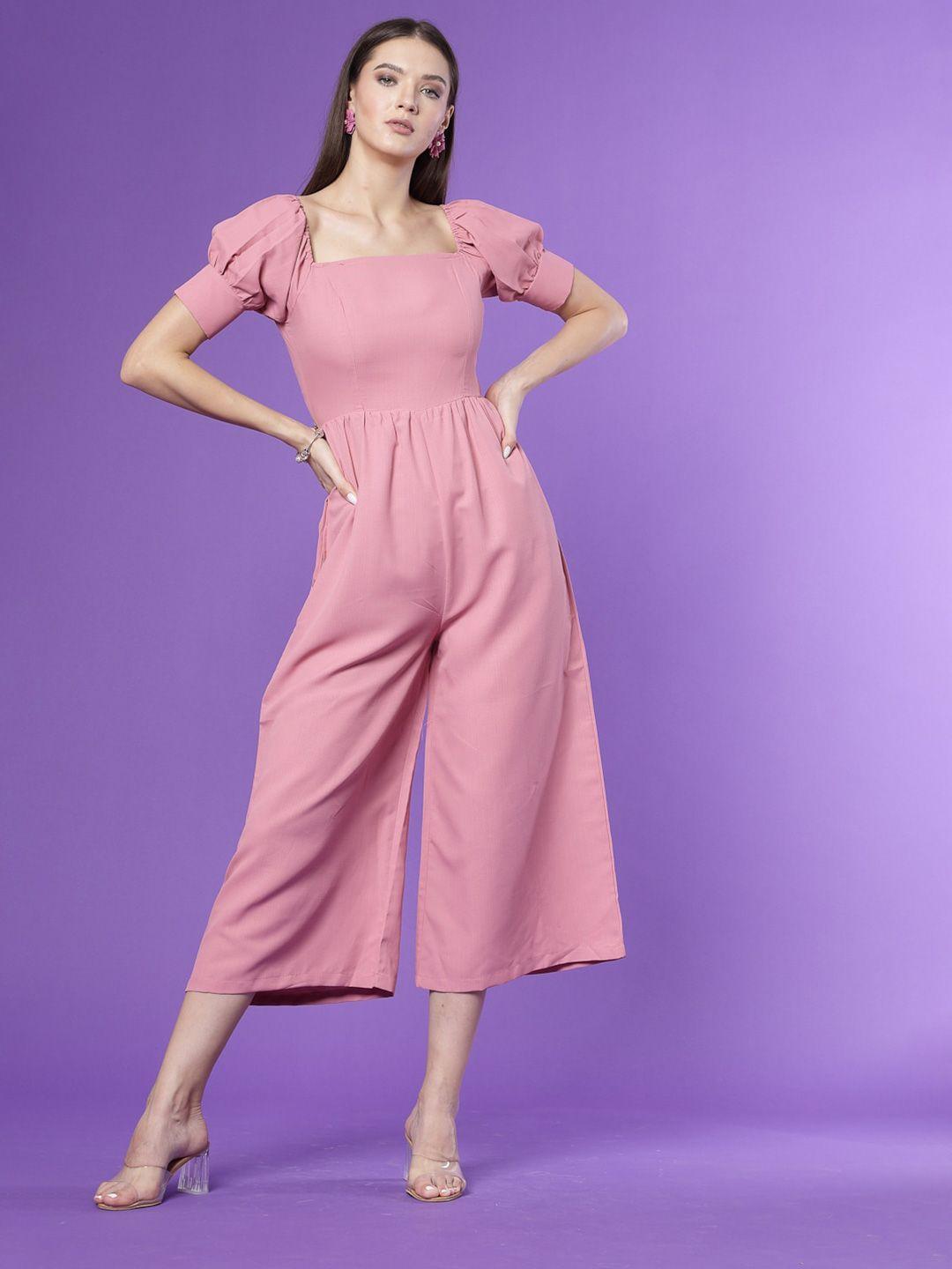 kook n keech pink square neck puffed sleeves basic jumpsuit