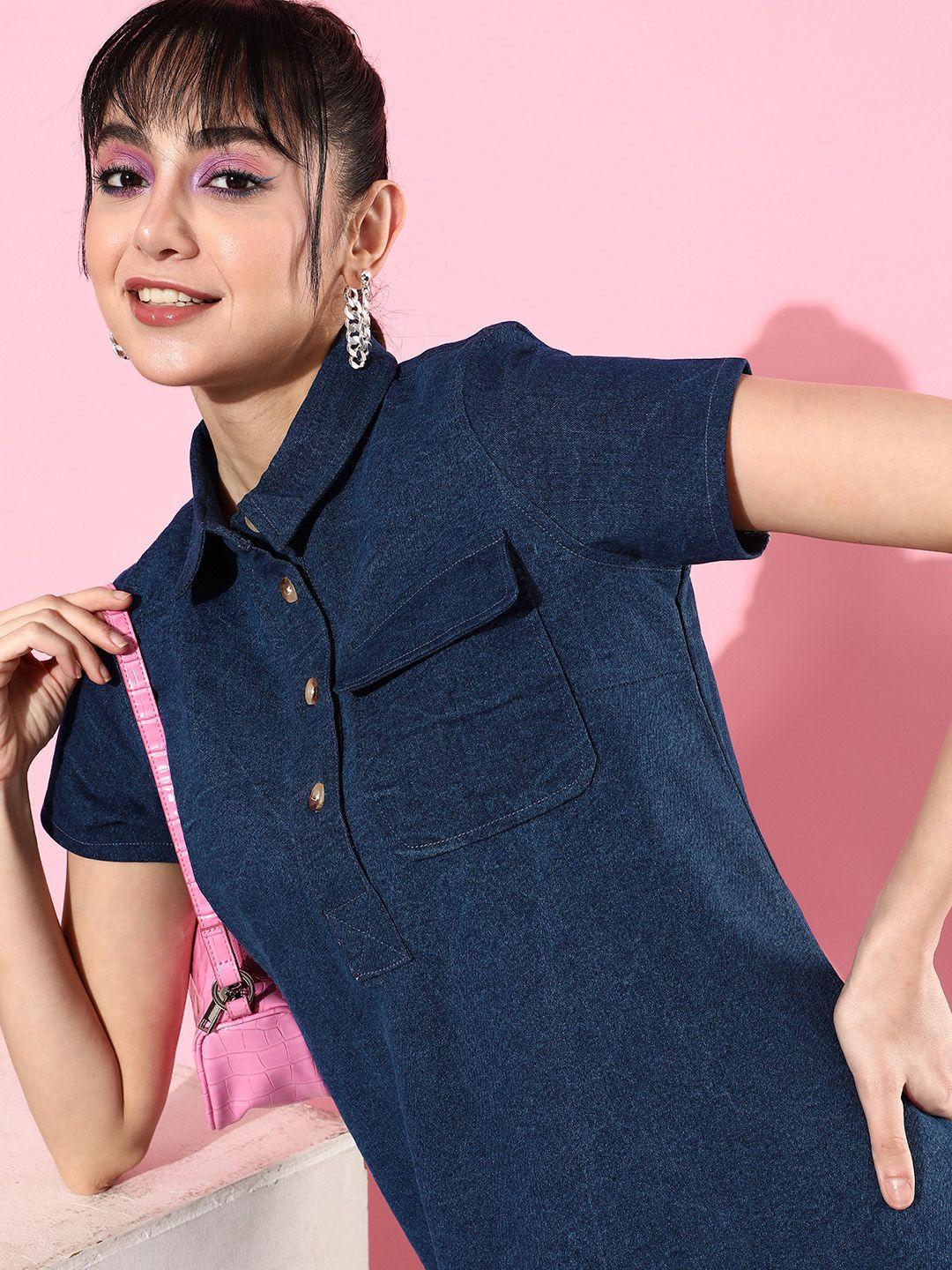 kook n keech pure cotton denim shirt collar a-line dress