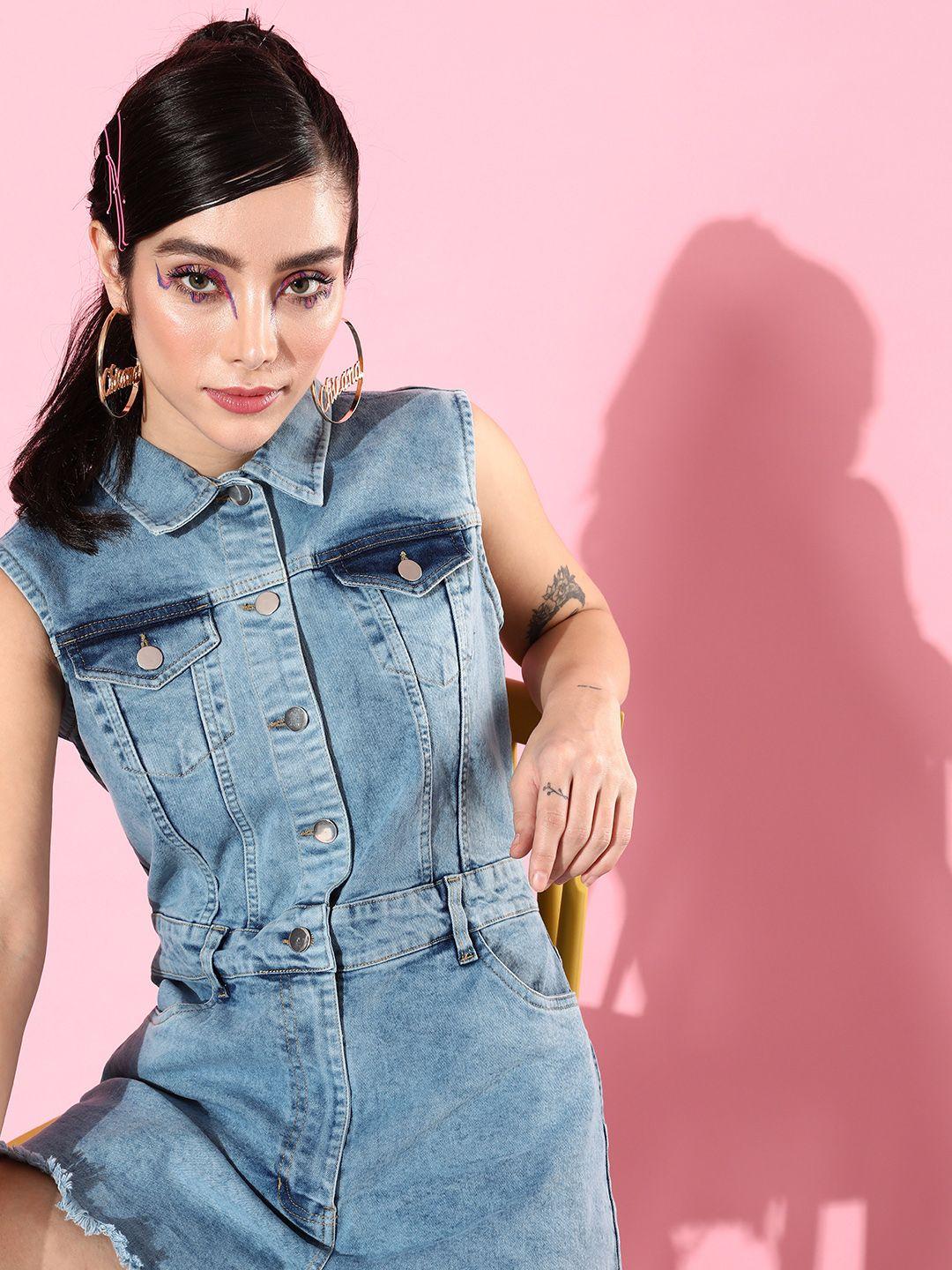 kook n keech pure cotton denim shirt collar playsuit with pocket detail