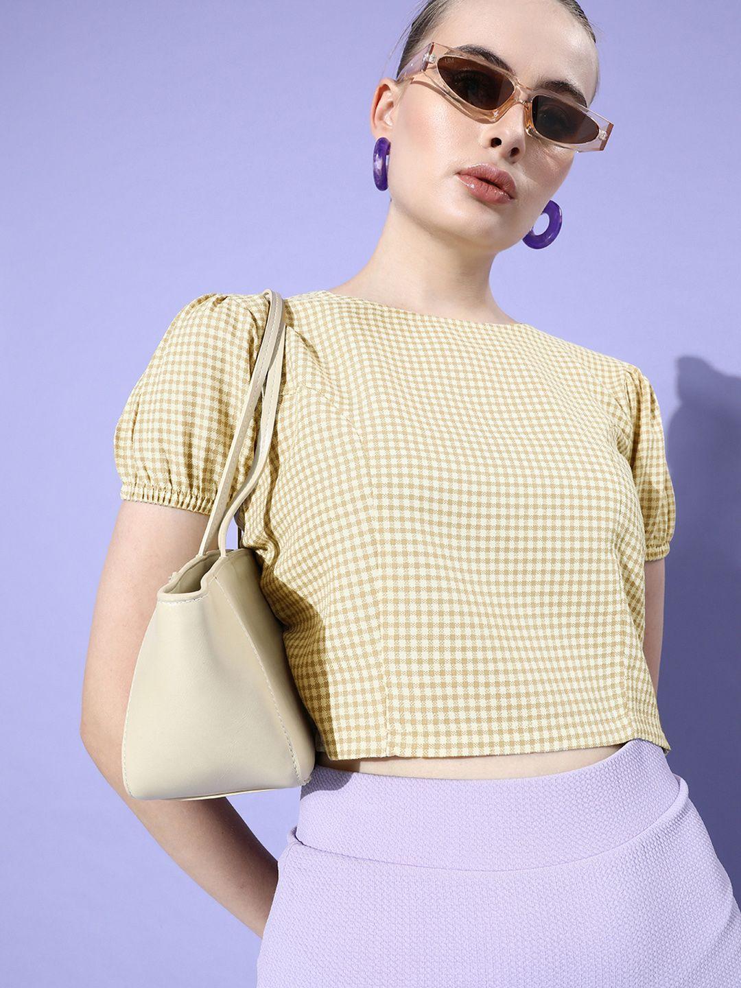 kook n keech round neck puff sleeves checked crop top