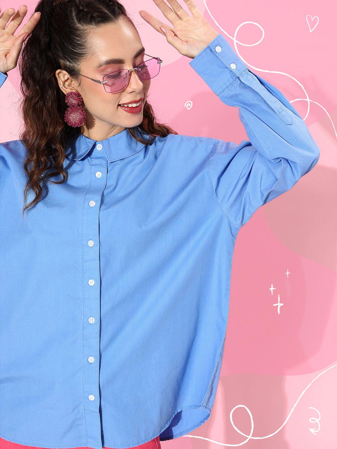 kook n keech sky blue pure cotton oversized casual shirt