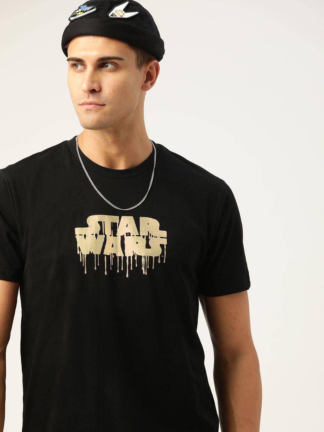 kook n keech star wars men black & golden star wars printed pure cotton relaxed t-shirt