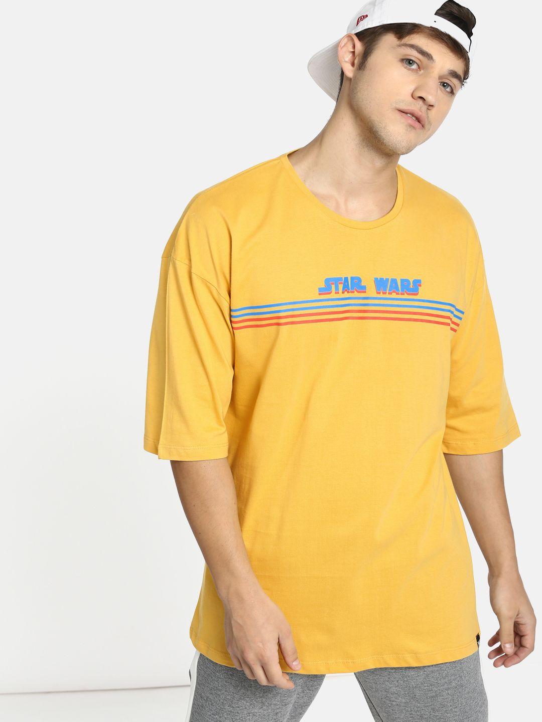 kook n keech star wars men mustard yellow printed round neck longline t-shirt