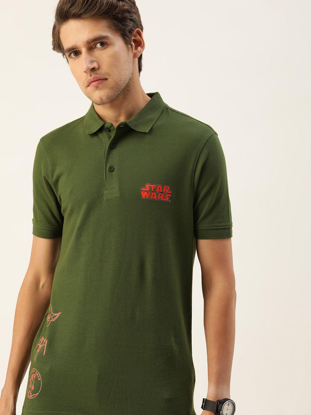 kook n keech star wars men olive green graphic printed polo collar pure cotton t-shirt