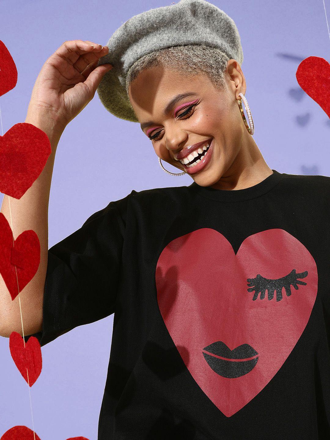 kook n keech valentine black & red printed oversized extended sleeves t-shirt