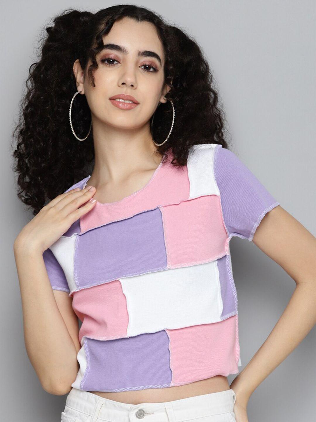 kook n keech white & purple colourblocked cotton top