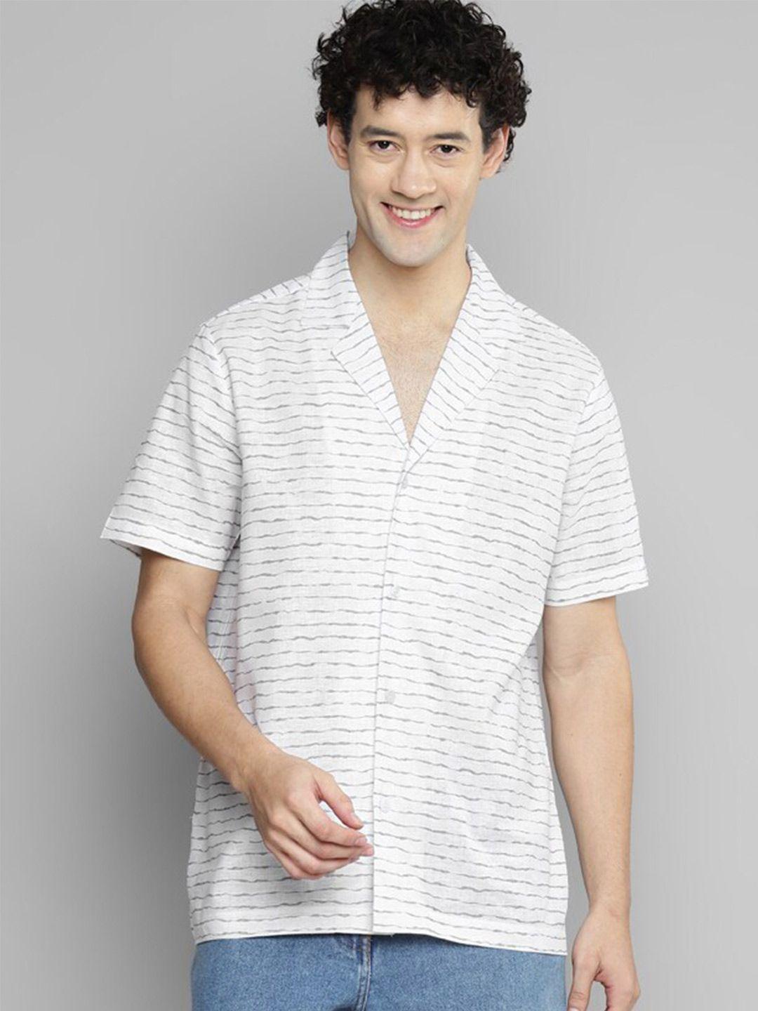 kook n keech white classic boxy fit horizontal striped casual pure linen shirt