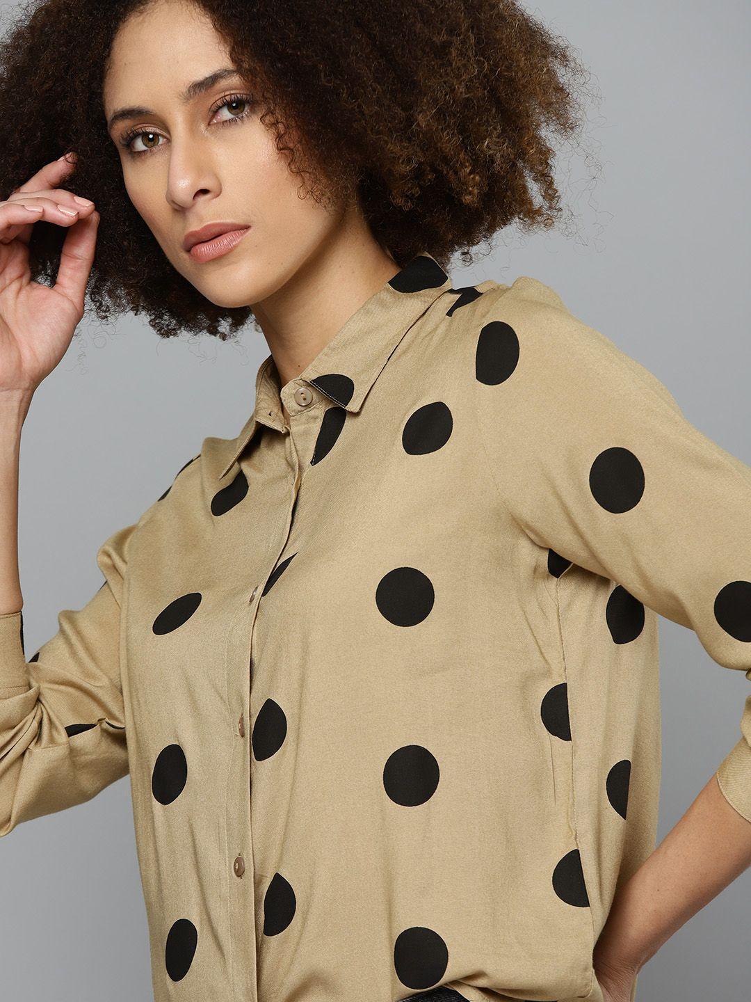 kook n keech women beige & black relaxed fit polka dots print casual shirt