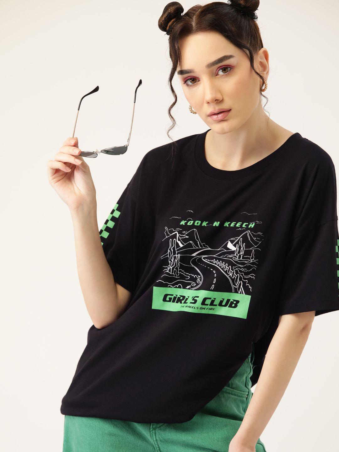 kook n keech women black & green graphic printed drop-shoulder sleeves knitted t-shirt