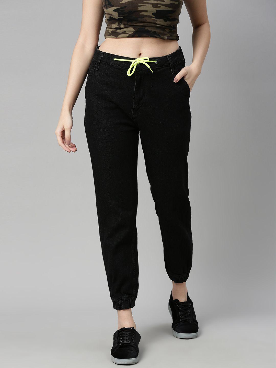 kook n keech women black jogger fit stretchable cuffed hem jeans