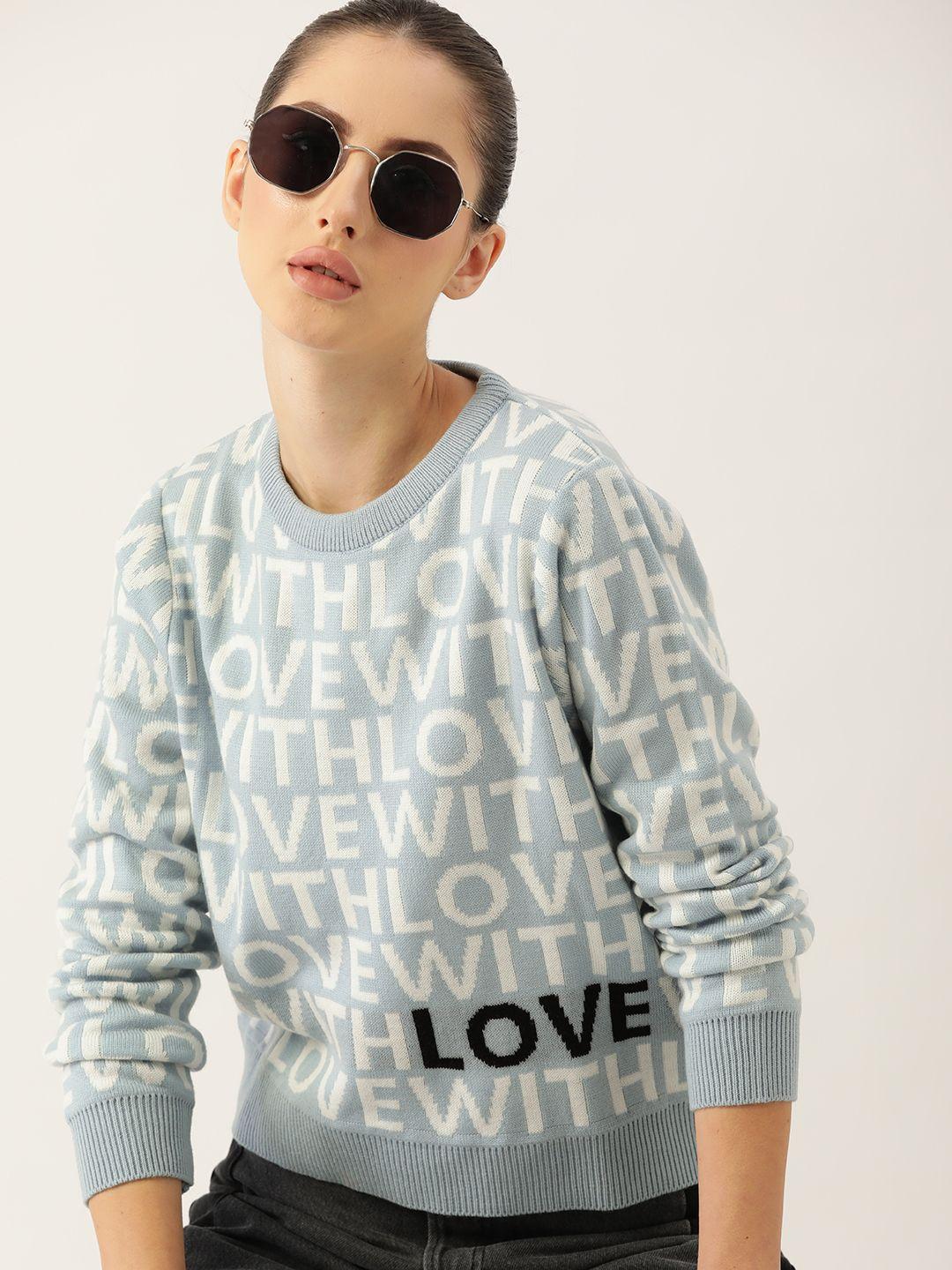 kook n keech women blue & white typography pullover