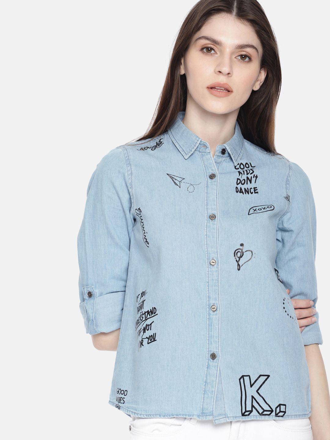 kook n keech women blue regular fit printed casual denim shirt