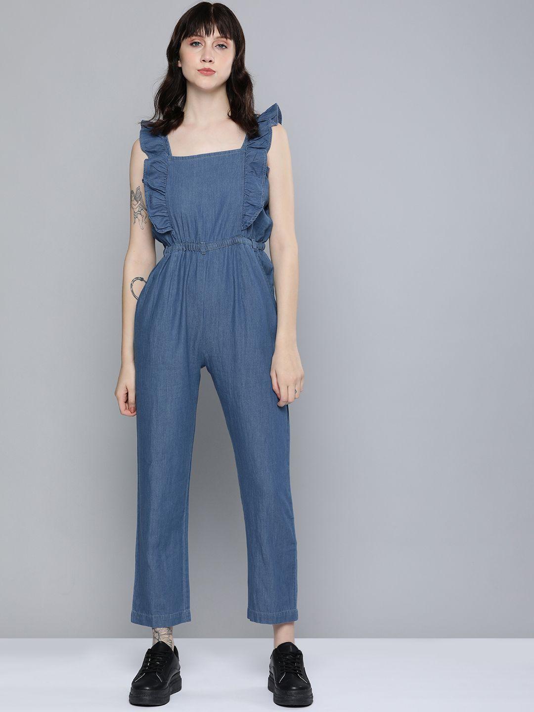 kook n keech women blue solid pure cotton sleevless basic jumpsuit