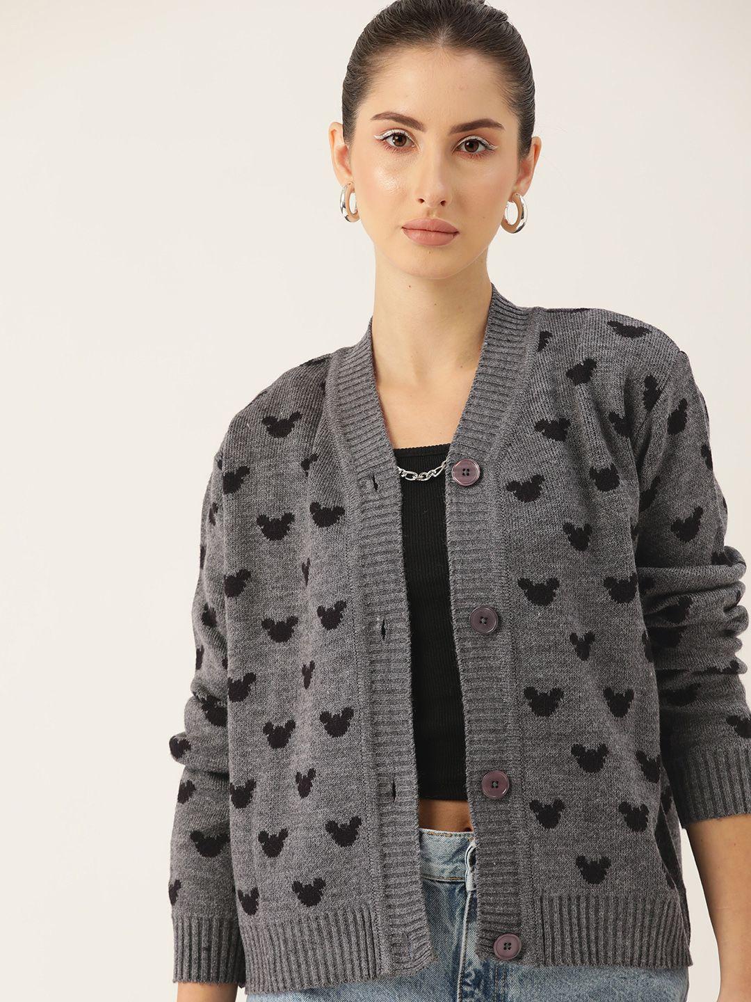 kook n keech women charcoal grey & black mickey mouse design cardigan