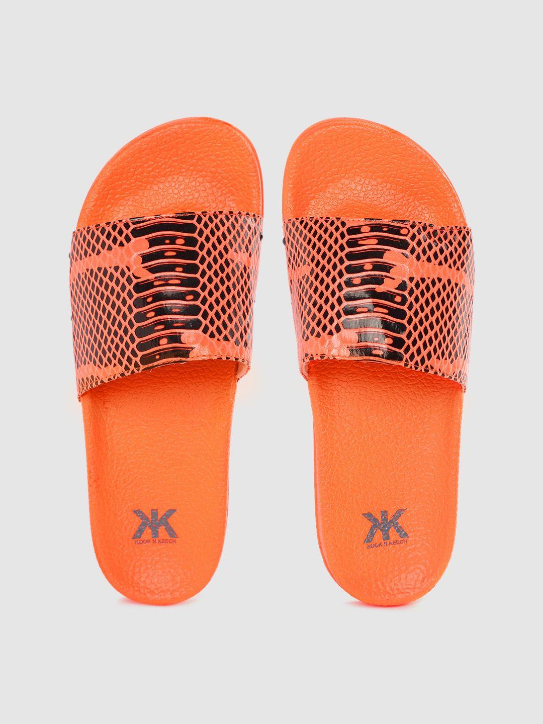 kook n keech women coral orange & black snakeskin print sliders