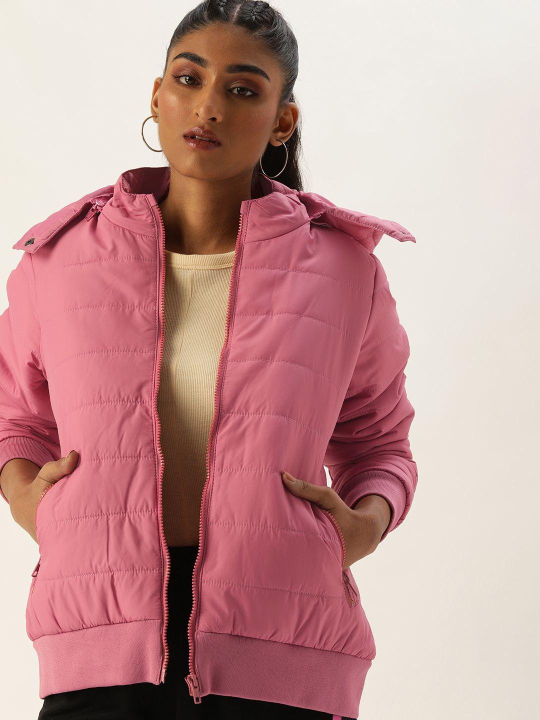 kook n keech women dusty pink solid bomber jacket with detachable hood