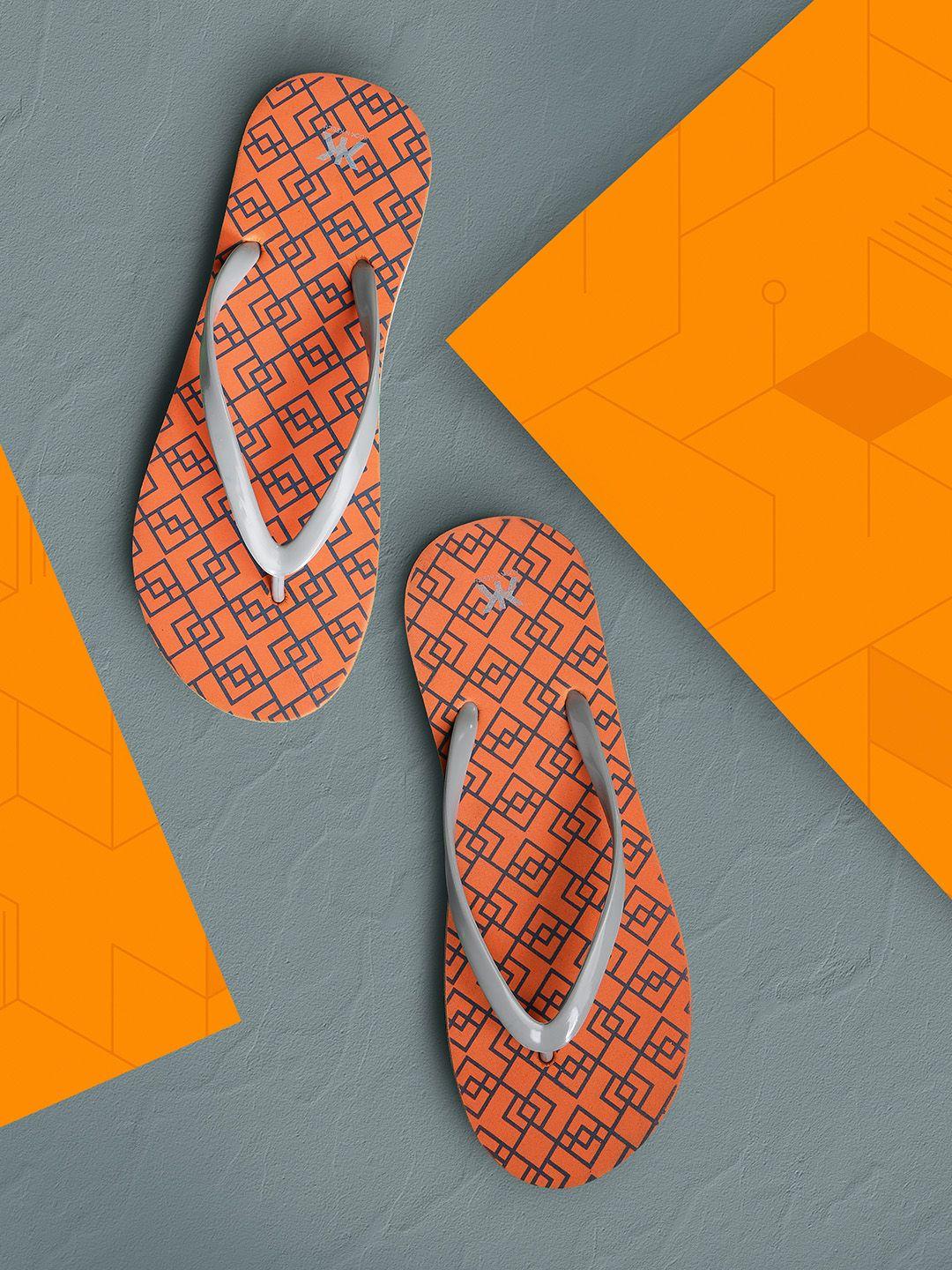kook n keech women grey & orange geometric print thong flip-flops