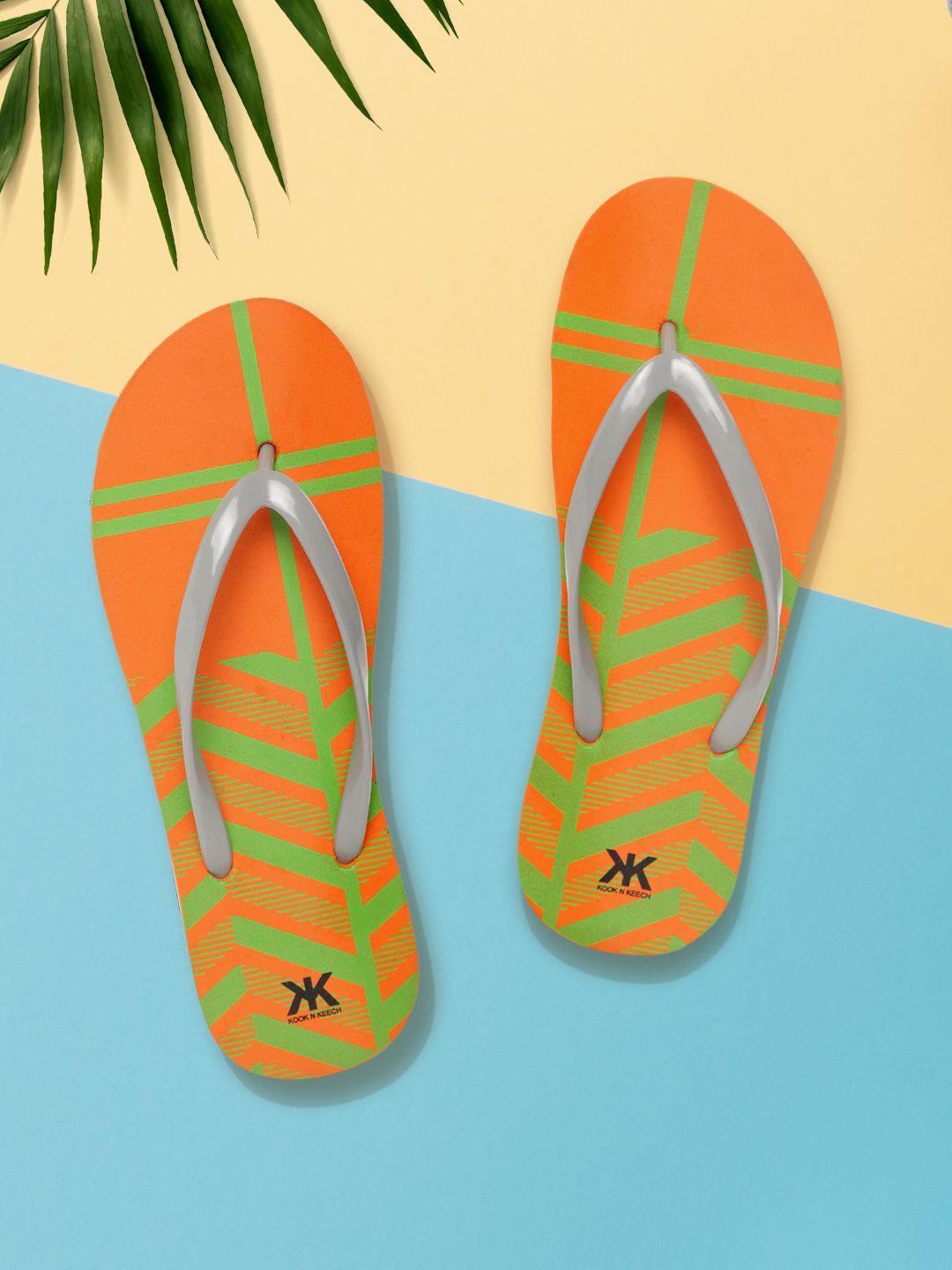 kook n keech women grey & orange printed thong flip-flops