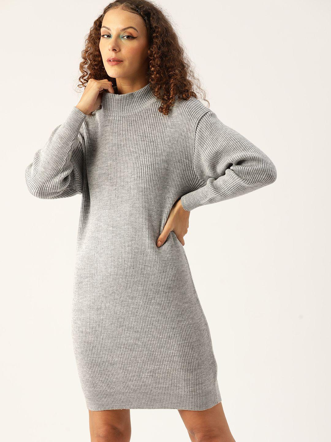 kook n keech women grey ribbed high neck sweater dress