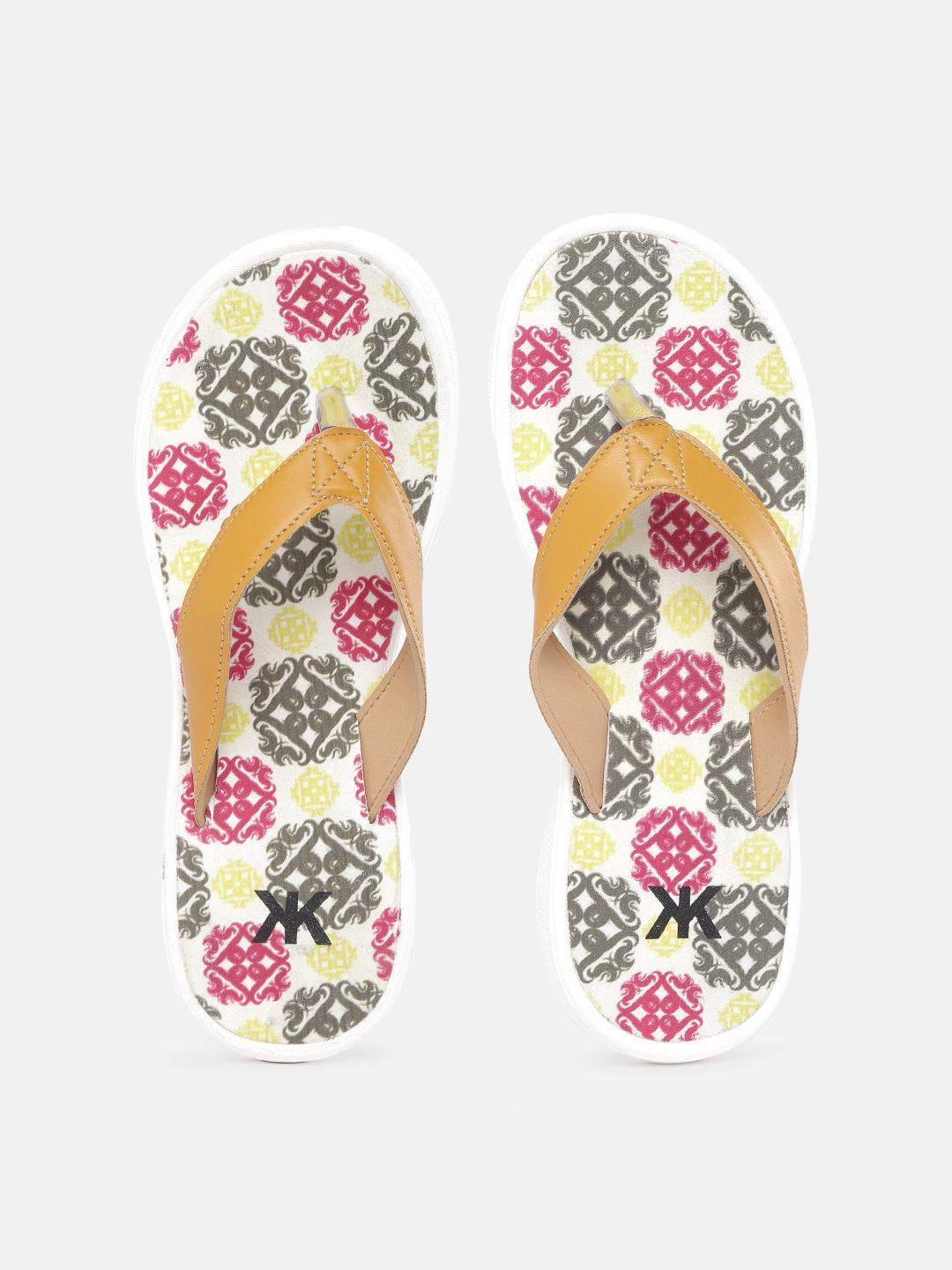 kook n keech women mustard & pink ethnic printed thong flip-flops