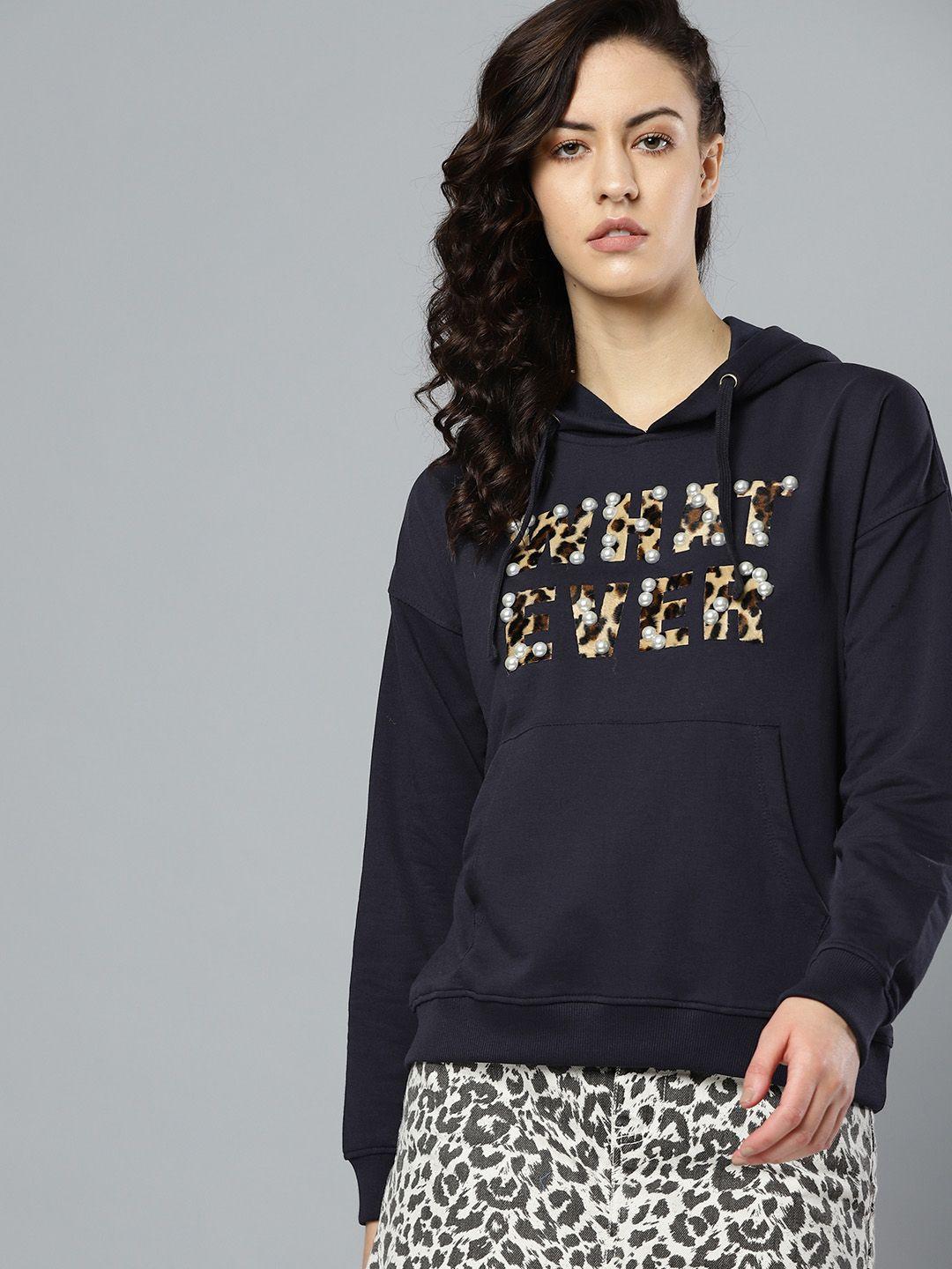 kook n keech women navy blue & beige applique hooded sweatshirt