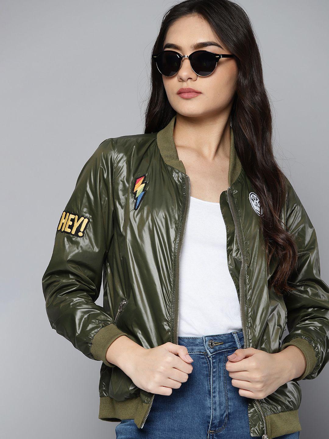 kook n keech women olive green solid applique detail bomber jacket