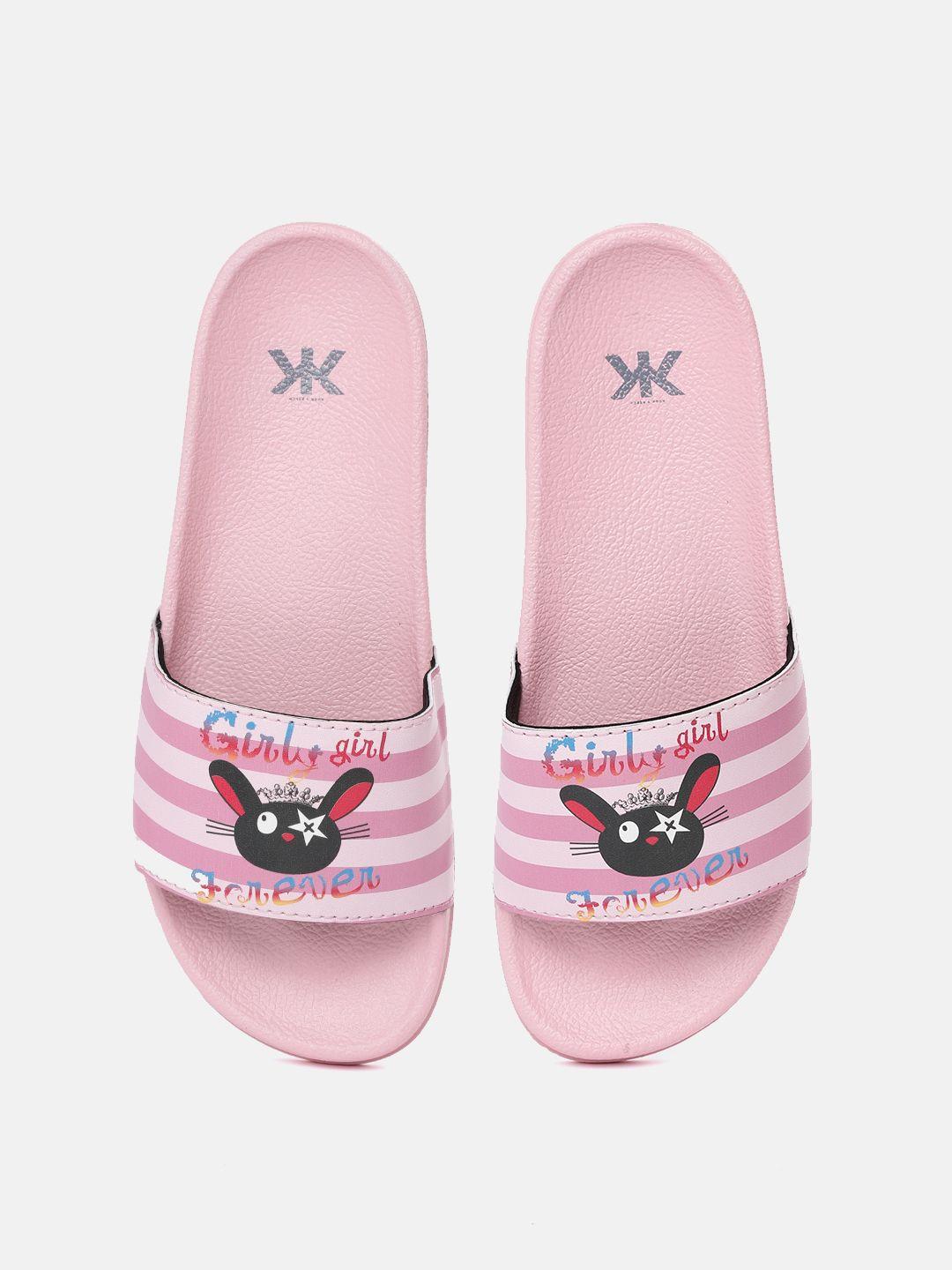 kook n keech women pink & black striped & printed sliders