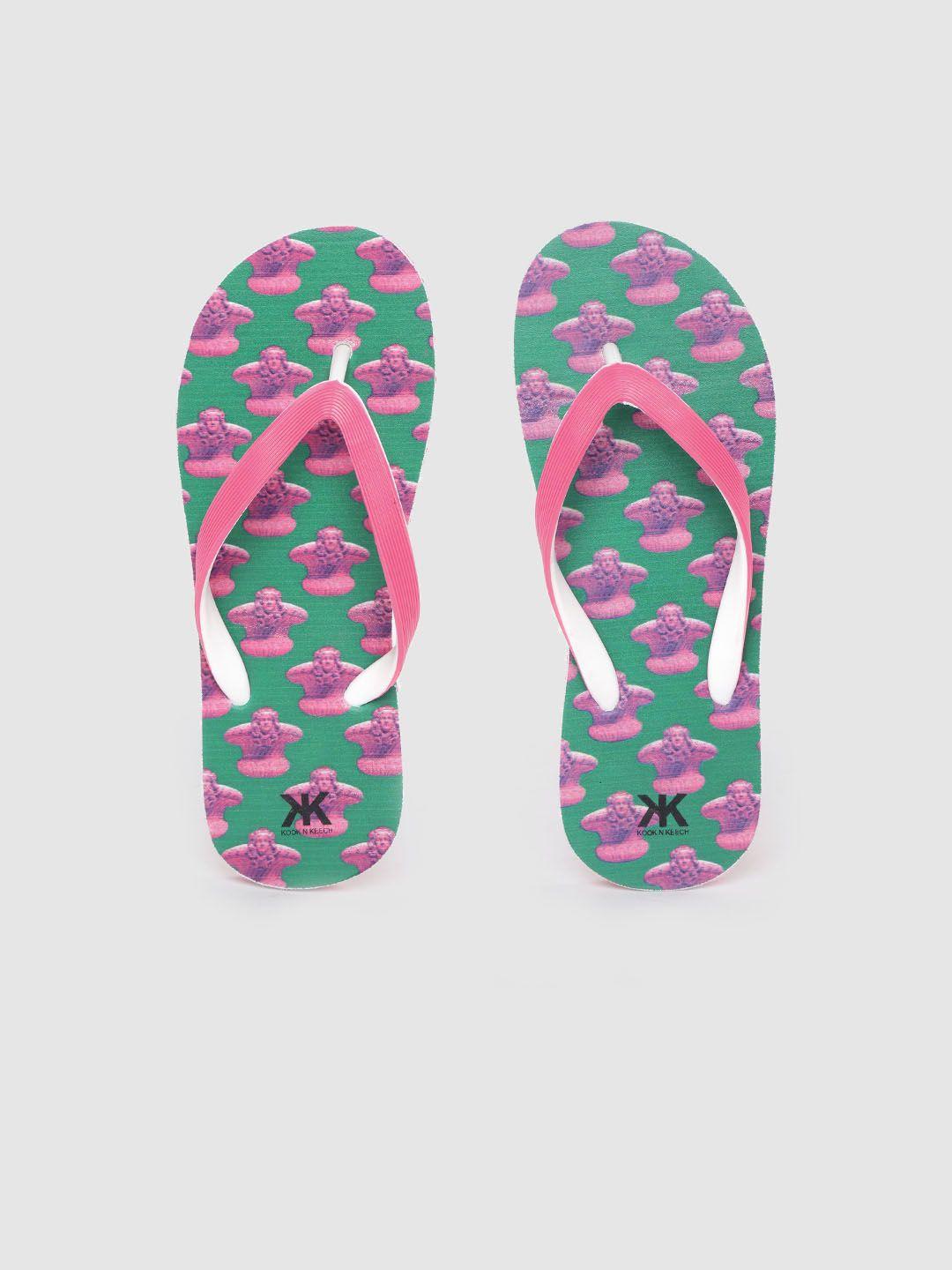 kook n keech women pink & green quirky print thong flip-flops