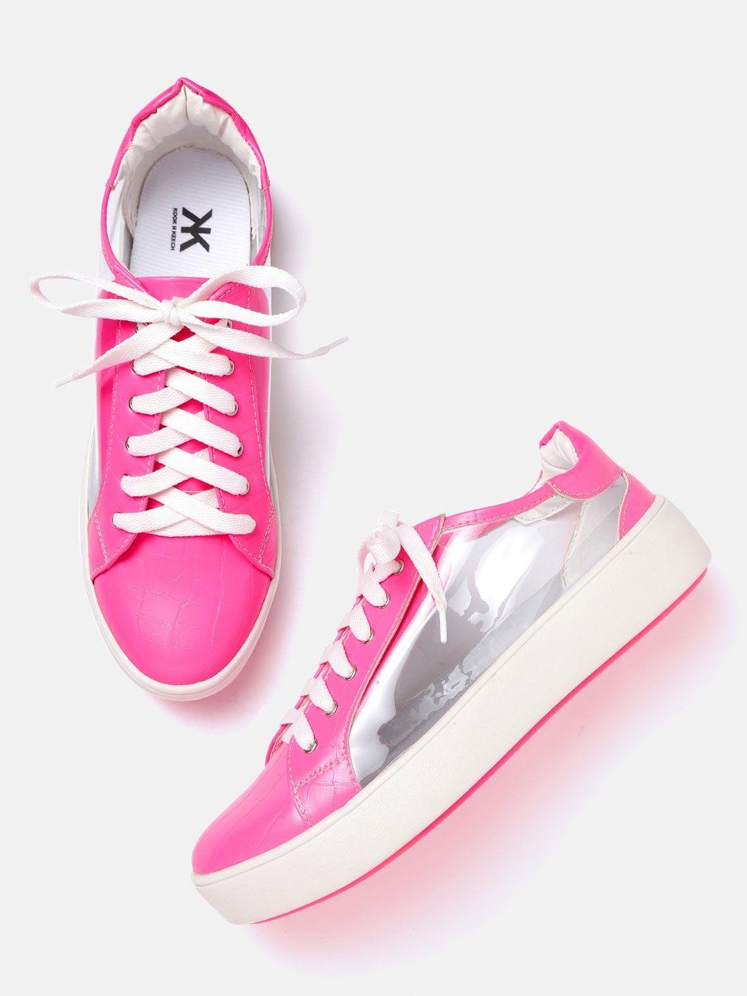 kook n keech women pink & transparent colourblocked & croc textured flatform sneakers