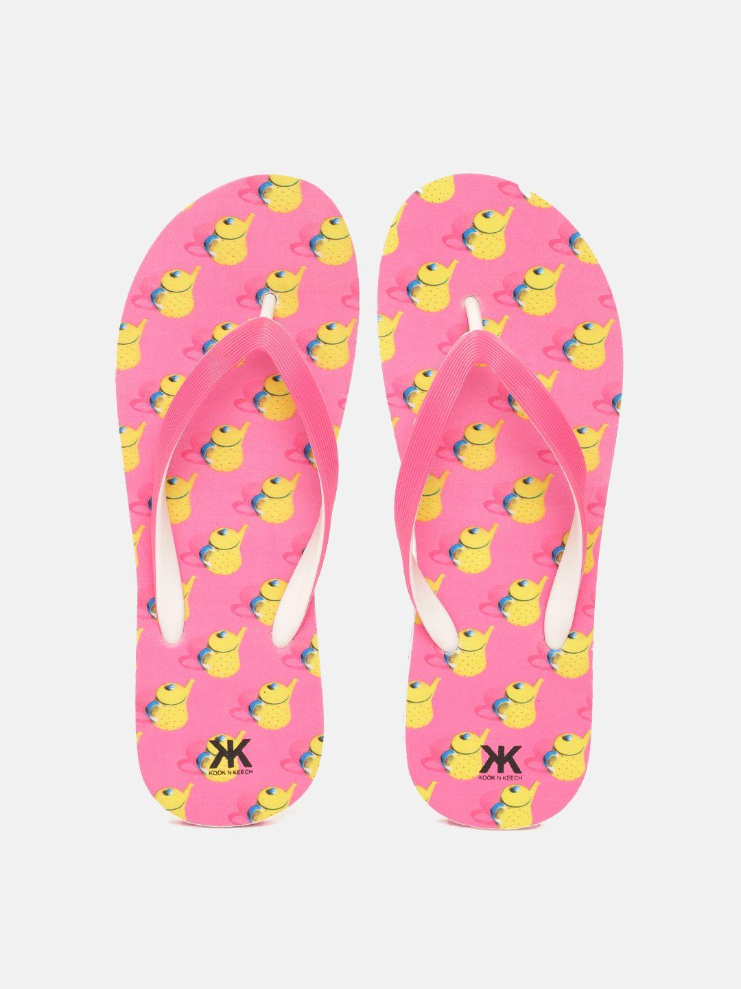 kook n keech women pink & yellow tea kettle print thong flip-flops