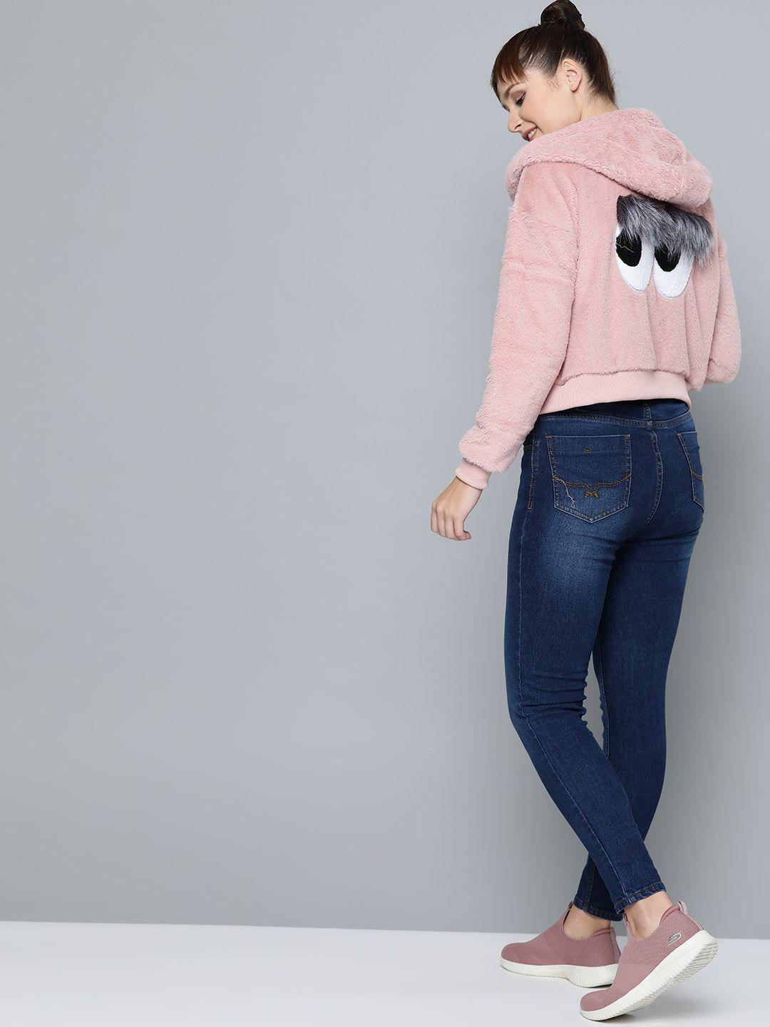 kook n keech women pink faux fur cropped hooded sweatshirt