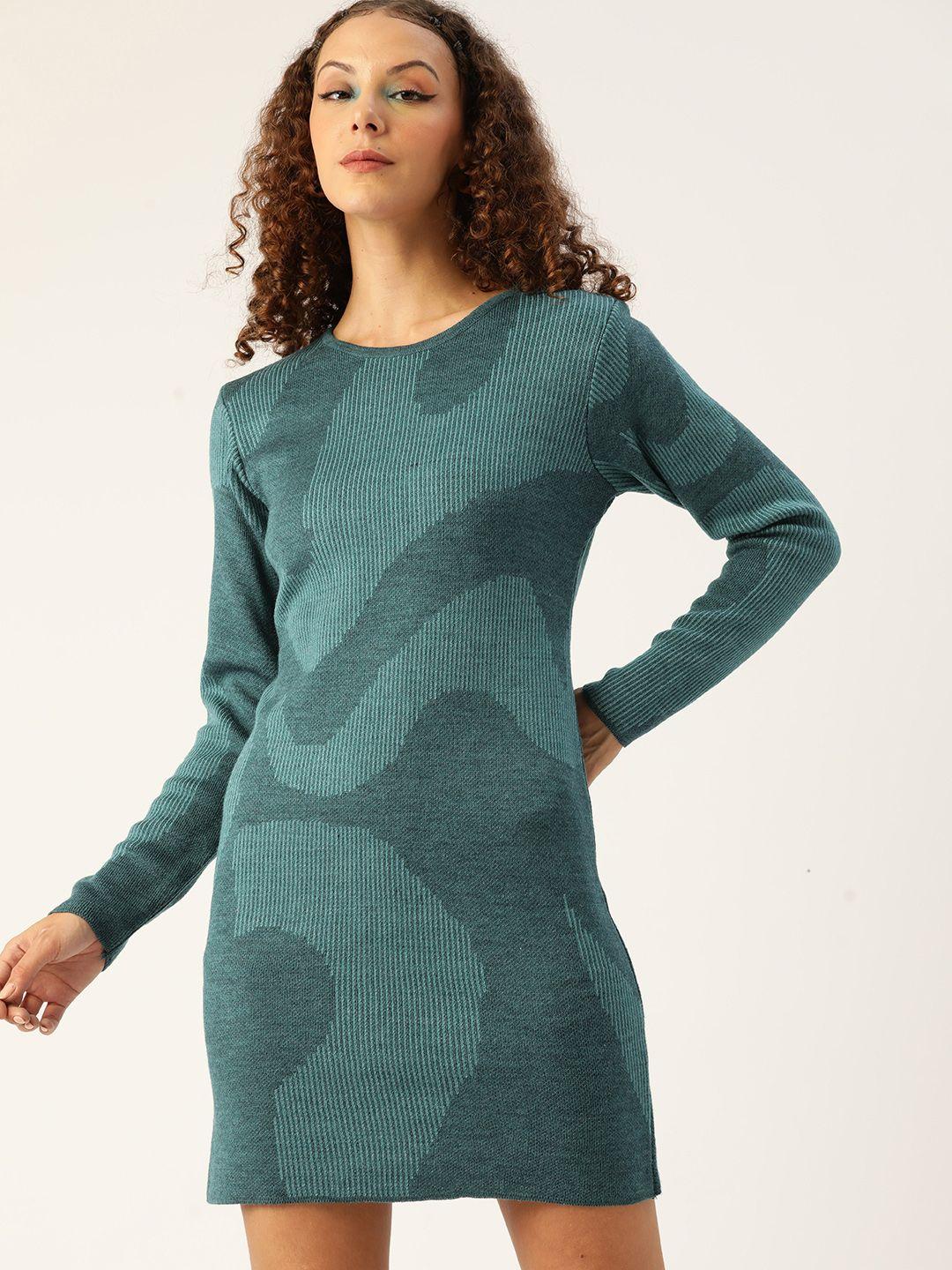 kook n keech women teal green self-design acrylic sweater dress
