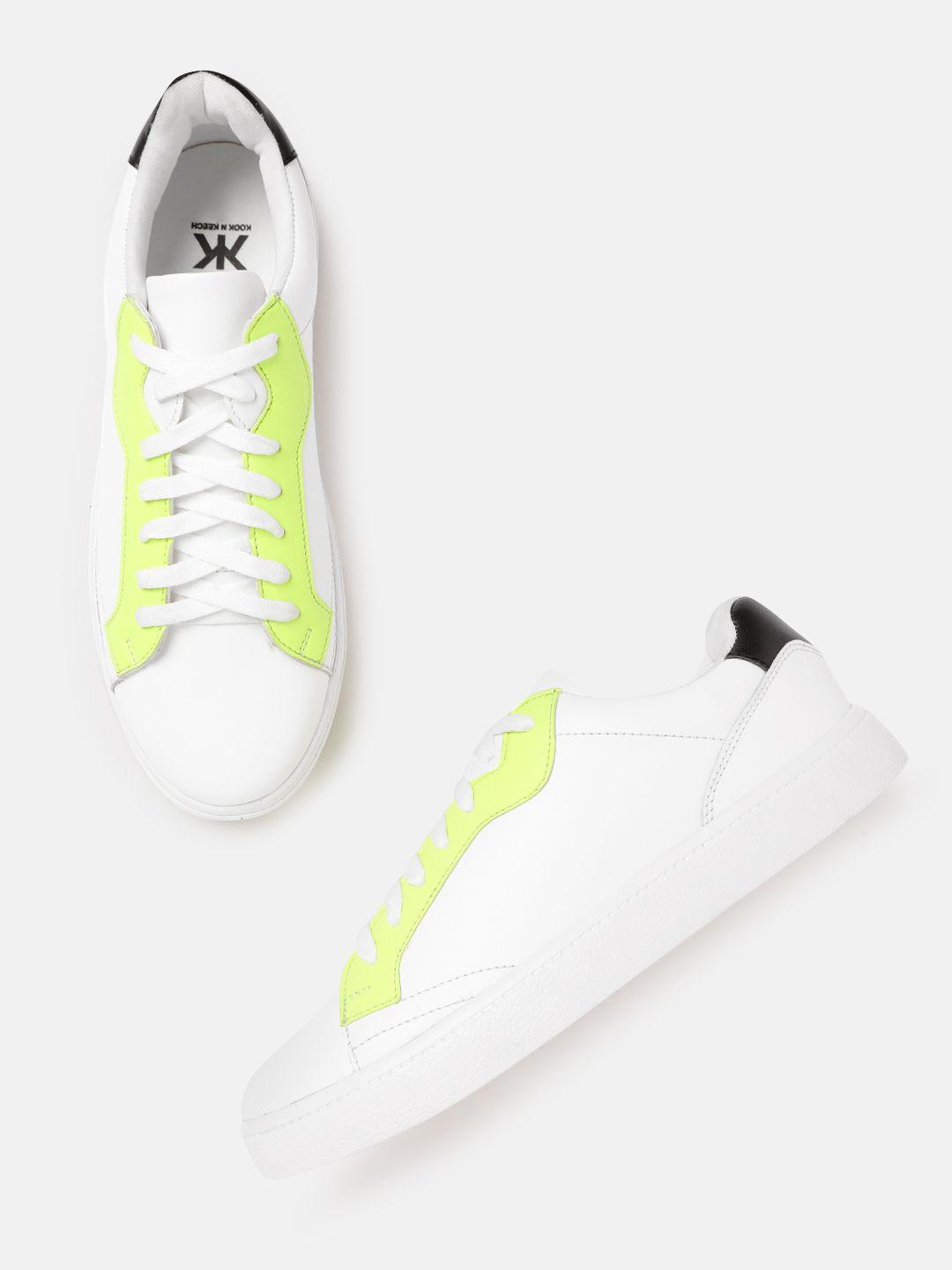 kook n keech women white & fluorescent green colourblocked sneakers