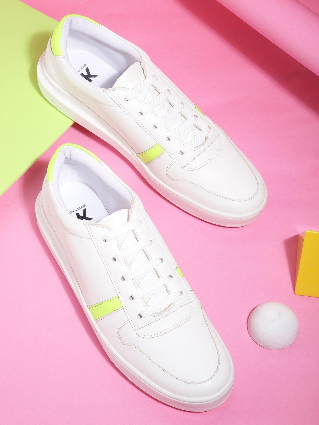 kook n keech women white & fluorescent green solid sneakers